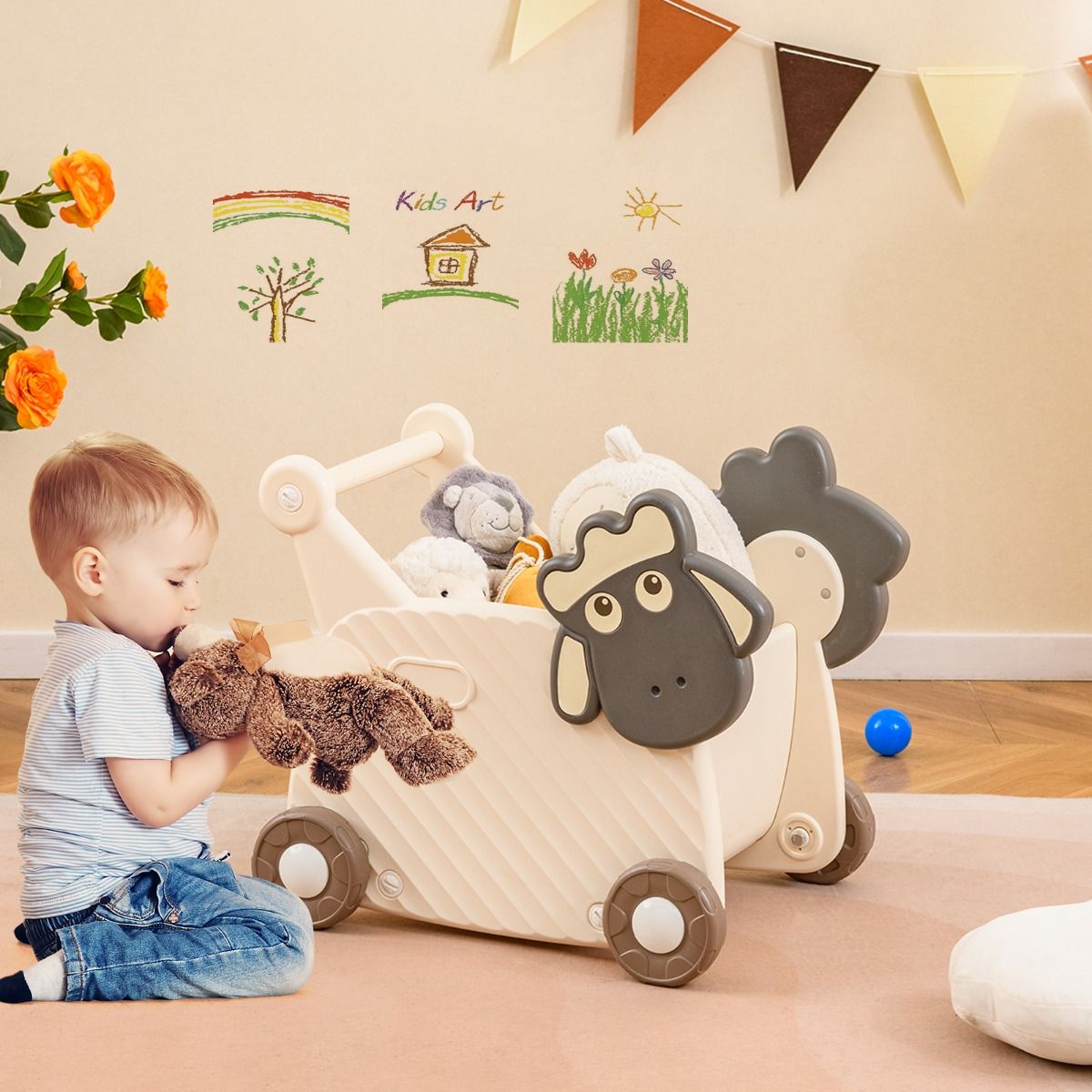 Chariot pour enfants Coast Schaap - Chariot de rangement et trotteur 2-en-1 - 18 litres - Beige et gris