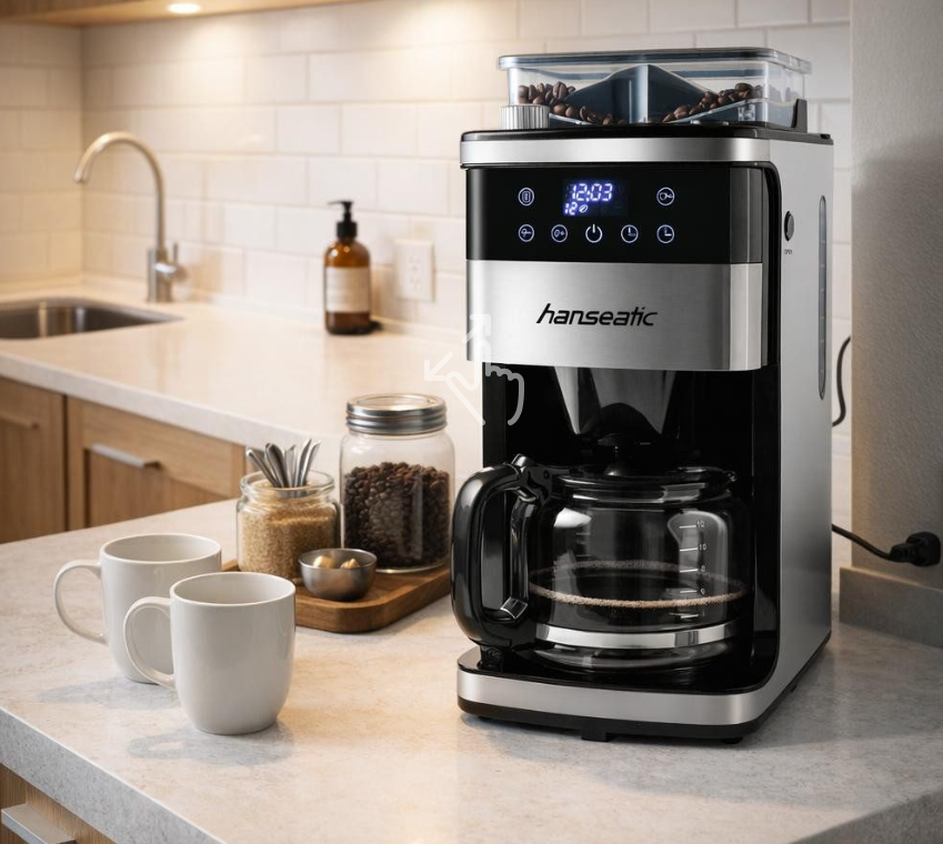 Machine à café Hanseatic avec moulin HCMG105015SD - Noir/Argent - 21 x 31 x 42 cm - 1,5 L, 12 tasses