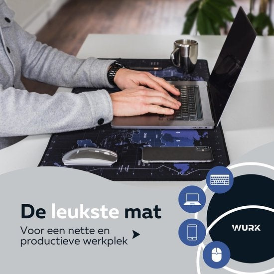 WURK Tapis de bureau professionnel - Carte du monde - Organiseur de bureau - Accessoires de bureau - Tapis de souris XXL - Antidérapant - Comprend un clip pour câble - 90x40