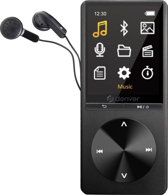 Denver Lecteur MP3 / MP4 - Bluetooth - USB - Shuffle - jusqu'à 128 Go - Ecouteurs inclus - Enregistreur vocal - Dicataphone - MP1820 - Noir