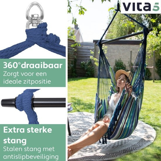 Vita5 XXL Chaise suspendue - Intérieur et extérieur - 2 coussins inclus - compartiment à livres - adultes - enfants - capacité de charge maximale 150kg - bleu/vert/blanc