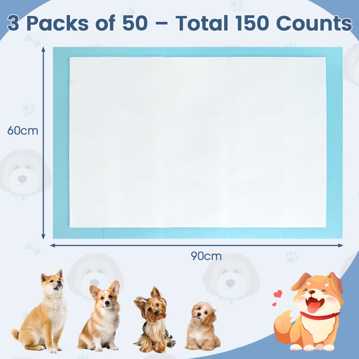 Tapis d'entraînement Coast Puppy - absorption à 6 couches - jetables - 90 x 60 cm - 150 pièces - bleu/blanc