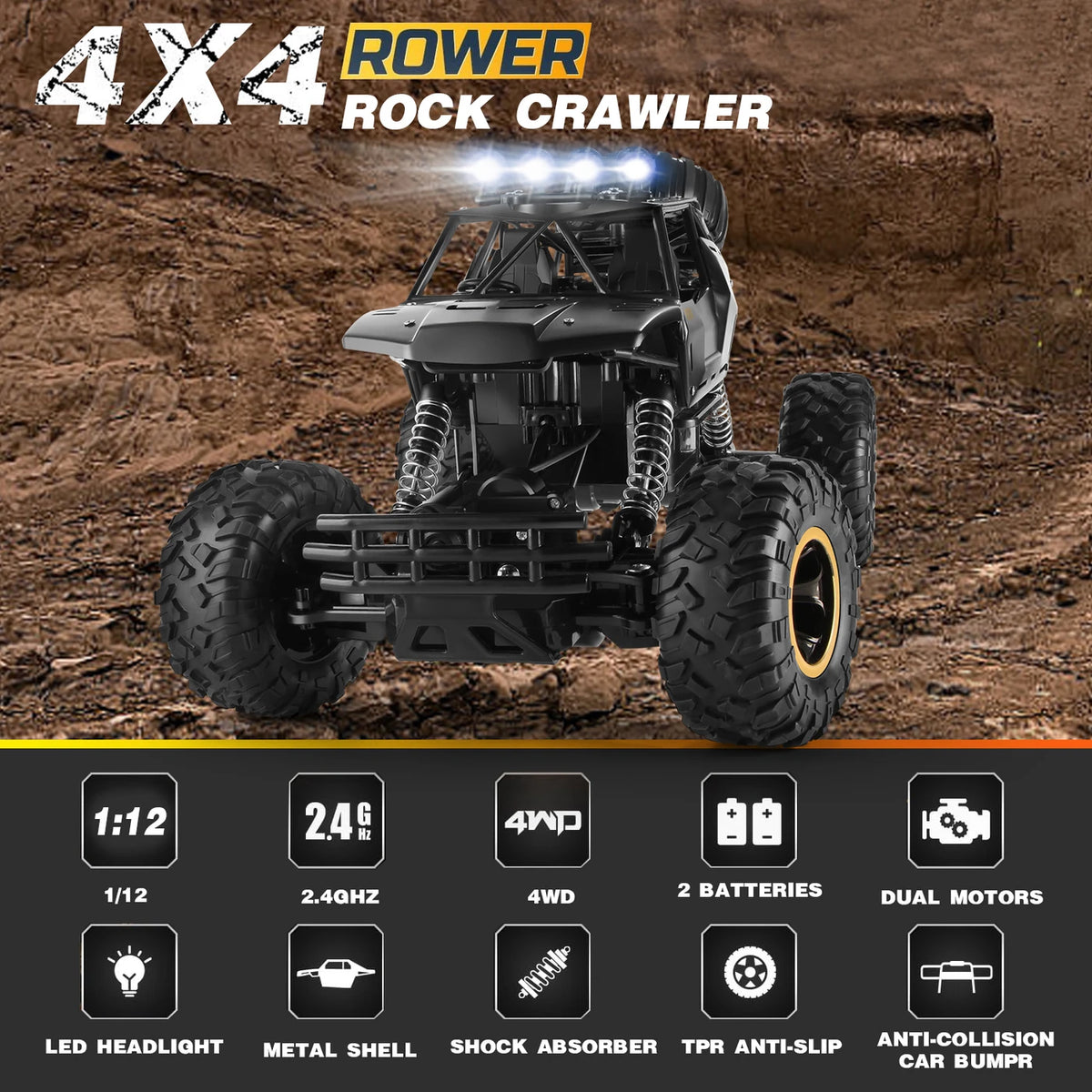 Monster truck RC 4DRC à l'échelle 1:12 - Tout-terrain 4x4 - Châssis métallique, phares à LED, 2 batteries