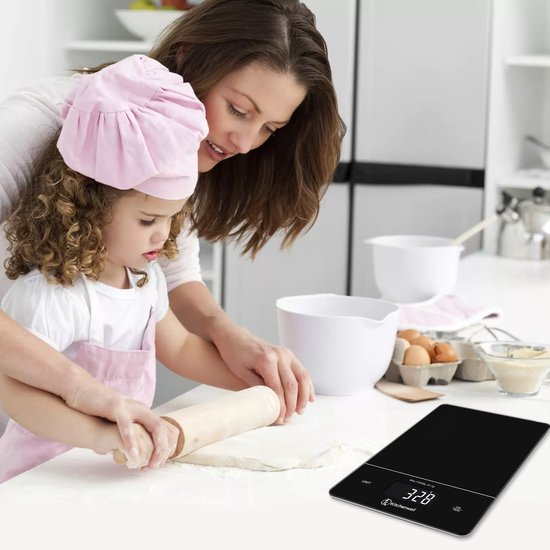Kitchenwell Balance de cuisine numérique de précision - Balance de cuisine - 1gr - 15kg - Fonction tare - Rechargeable par USB - Noir