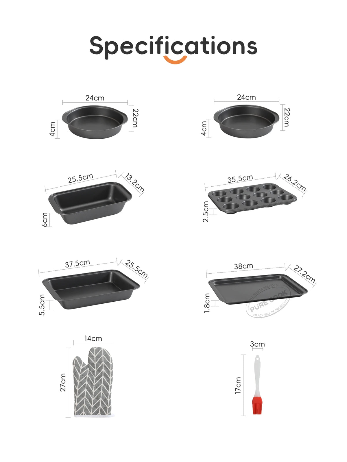 Ensemble de cuisine PURE COOK, 8 pièces - Gris - Acier au carbone antiadhésif - Moules à gâteaux, moule à pain, moule à muffins, plaque de cuisson