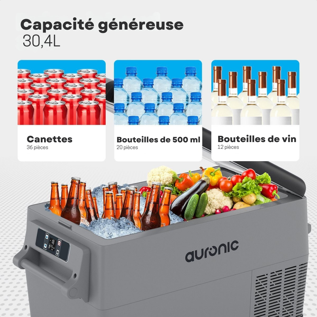 Glacière électrique à compresseur – Auronic – 30,4 L – 5 modes – 12V/240V – Double compartiment – Gris