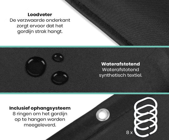 Loti Living Rideau de douche anti-moisissure - Noir - Anneaux inclus - Imperméable - Polyester - Rideau de douche 120x200 cm