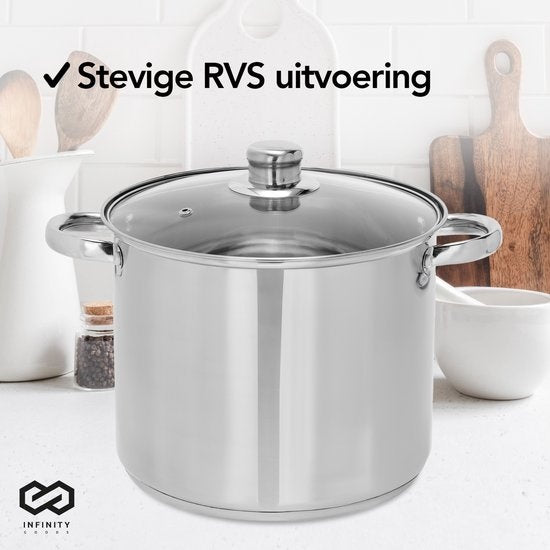 Infinity Goods Soup Pan - Couvercle en verre - 9L - 24 CM - Induction et gaz - Lavable au lave-vaisselle - Acier inoxydable