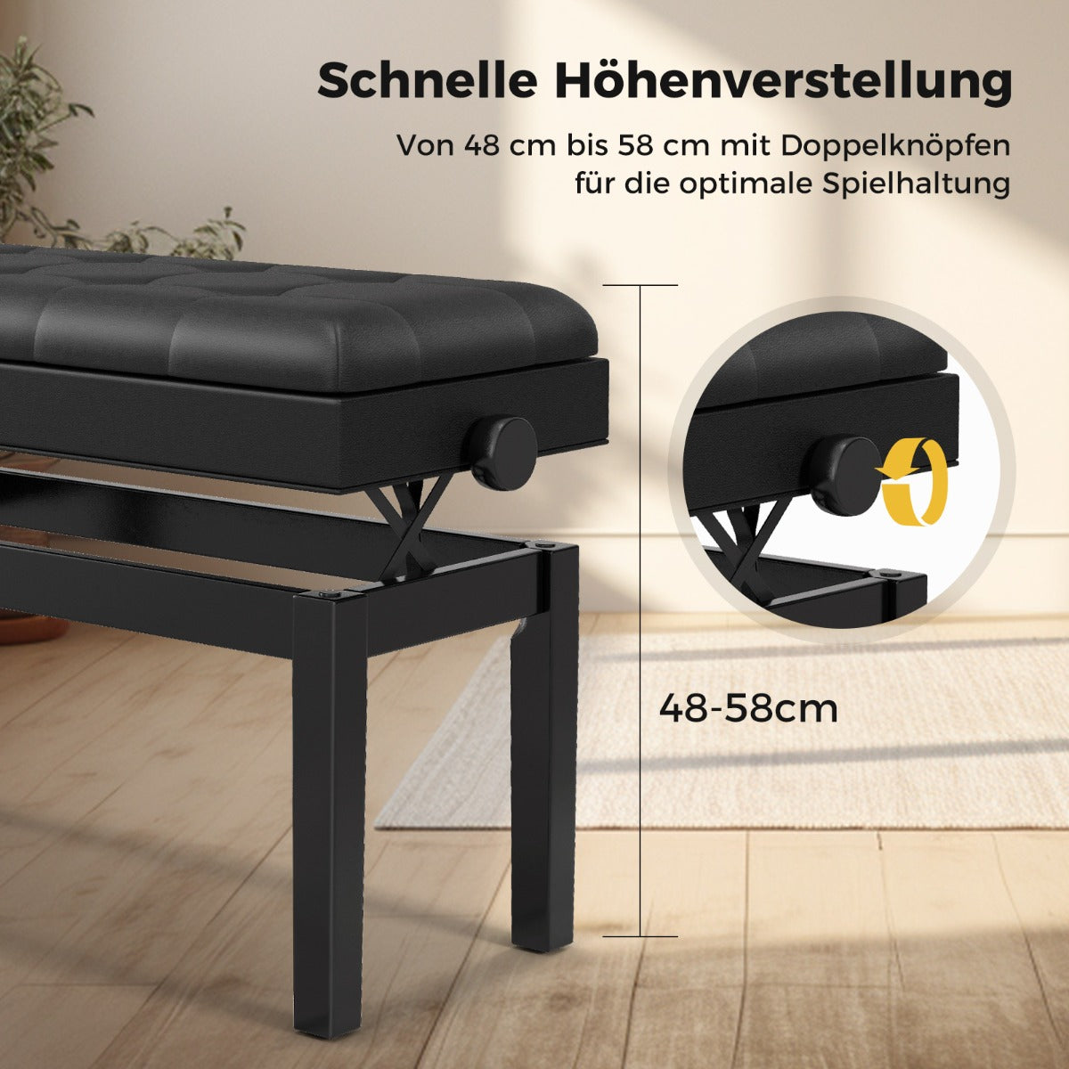 Banc réglable pour piano à queue avec rangement et coussin rembourré imperméable - 6 x 36 x 48-58 cm - Noir