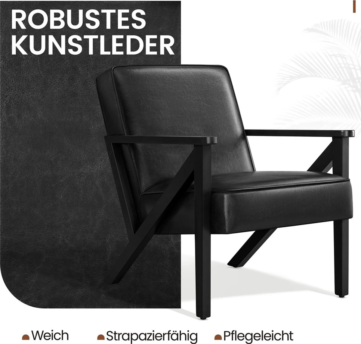 Fauteuil de salon vintage Yaheetech / Fauteuil à pieds en Z 78 x 67 x 79,5 cm – Noir mat – Simili cuir PU et bois de caoutchouc