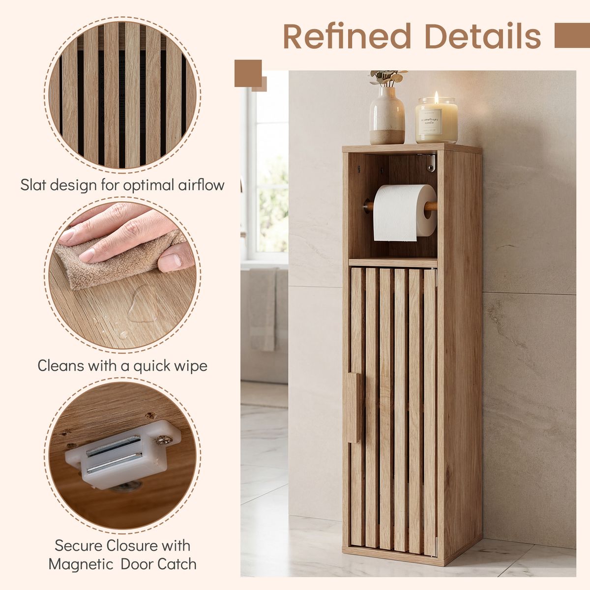 Armoire de salle de bains Coast Smalle - porte-papier toilette - étagère réglable - couleur naturelle 20 x 19 x 78 cm