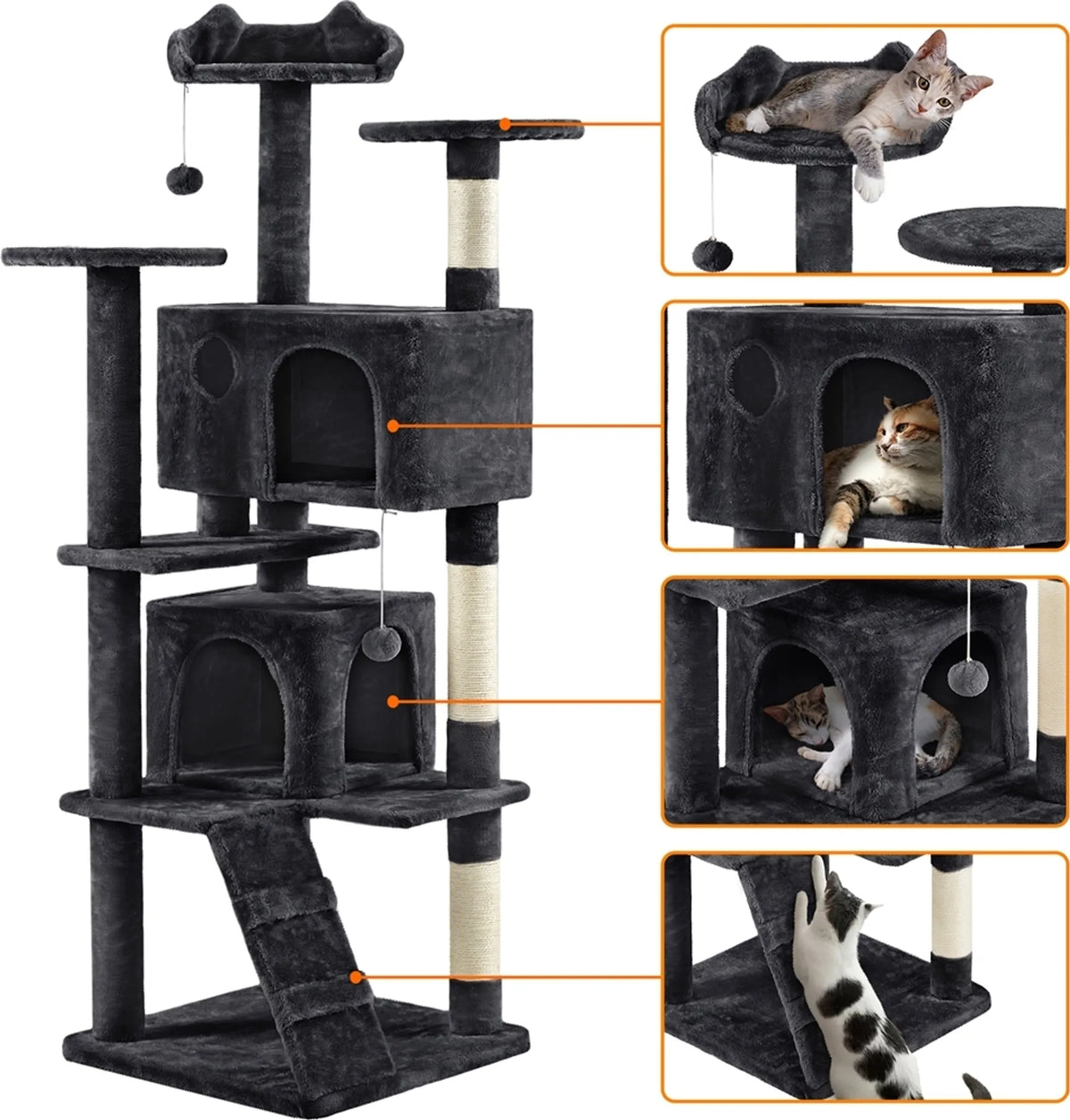 Arbre à chat Yaheetech avec 2 grottes - 178 cm de haut - 54 x 54 cm - Noir