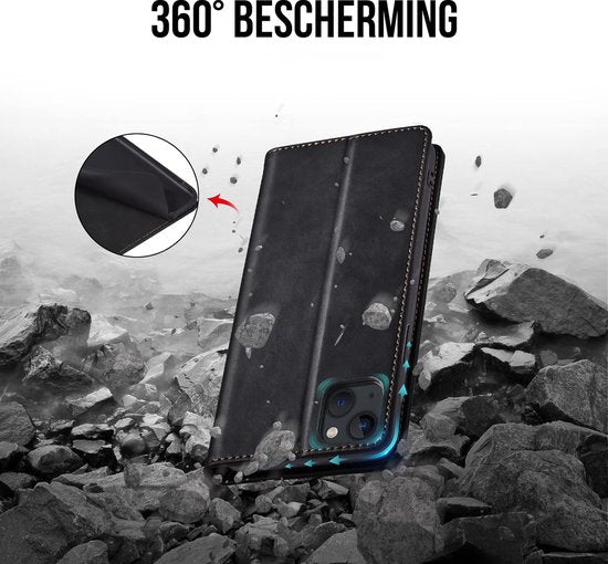 Podec Case with Card Holder Suitable for iPhone 13 Mini Black Phone Case - Anti-Shock Bookcase Cover with 1x Screen Protector - Wallet Case