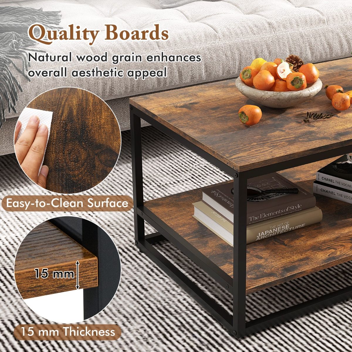 Table basse Coast - rectangulaire - 2 niveaux de rangement - marron rustique et noir - 105 x 50 x 42,5 cm