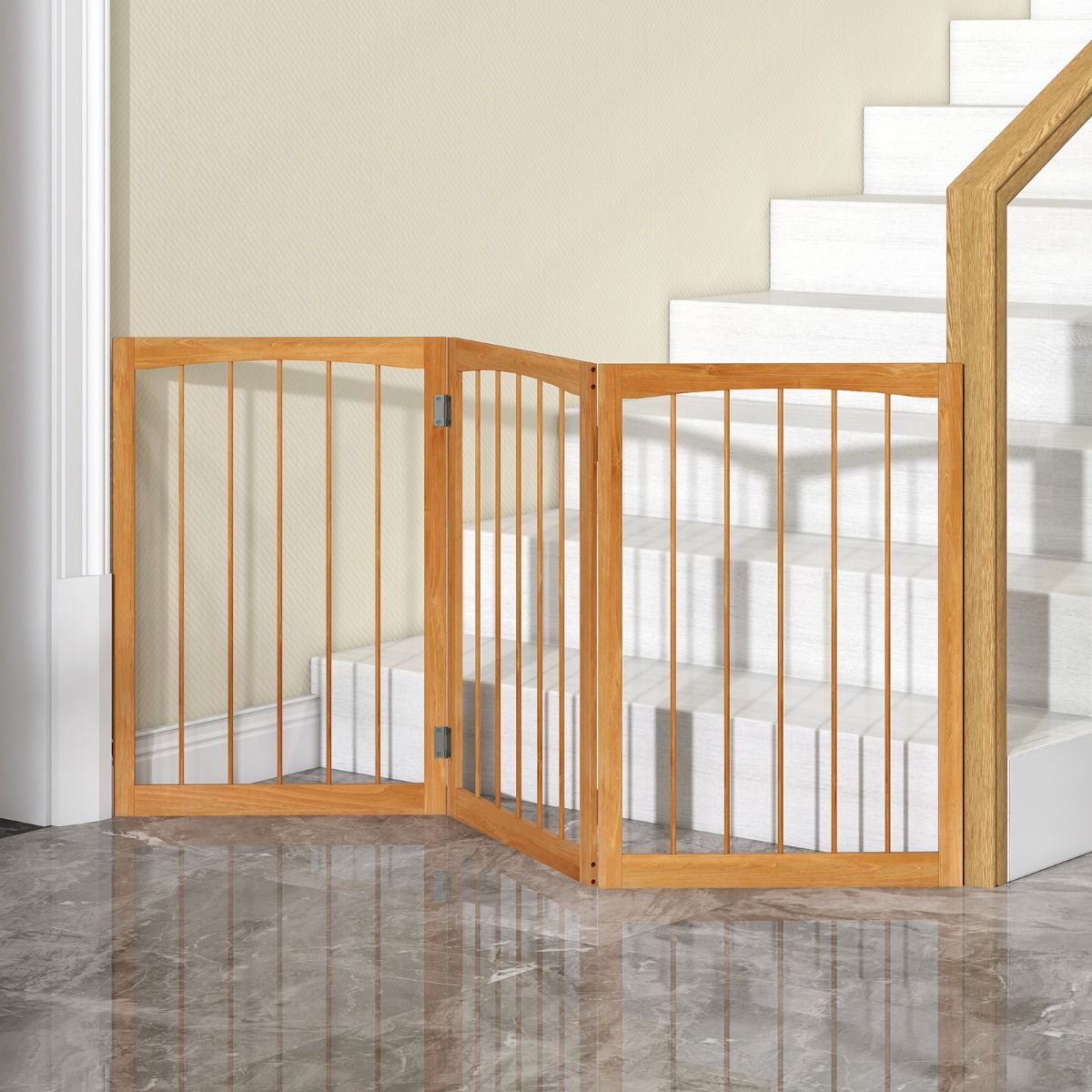 Barrière de sécurité pour chiens Coast - Barrière de protection pliable en 3 parties - bois naturel - 76 cm de haut