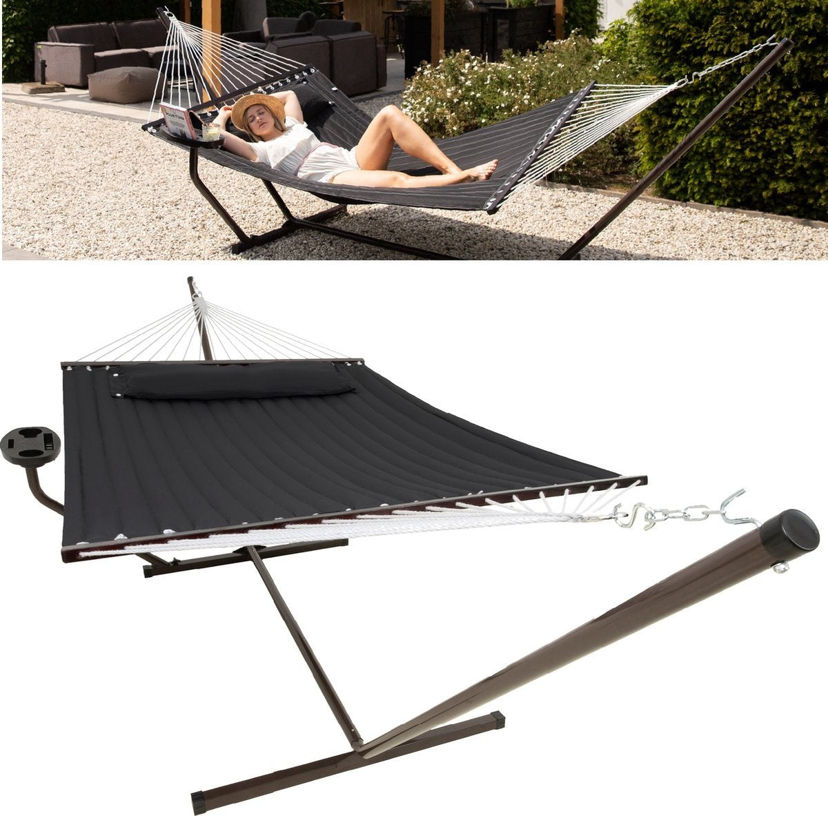 Vita5 Hangmat met Standaard en Spreidstok – 2 Persoons - Incl. Bekerhouder en Afneembaar kussen – UV-bestendig – Zwart