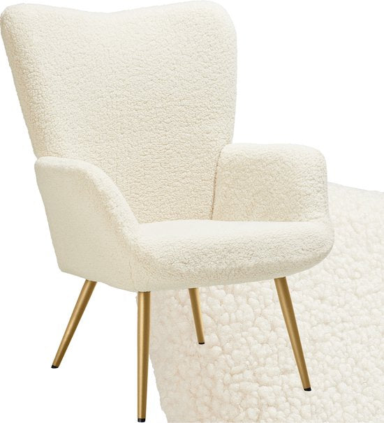 tectake® Fauteuil à oreilles de style scandinave - Teddy chair Hygge - Chaise de salon, chambre à coucher - Chaise longue - Pieds en métal doré - Capacité jusqu'à 150 kg - Crème