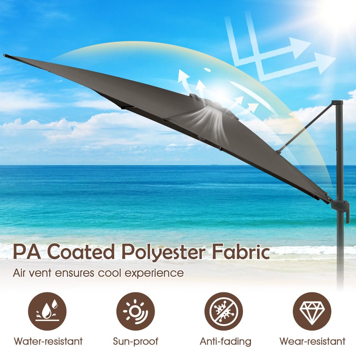 Parasol carré Coast - pivotant à 360° - inclinaison réglable - gris 300 x 300 cm
