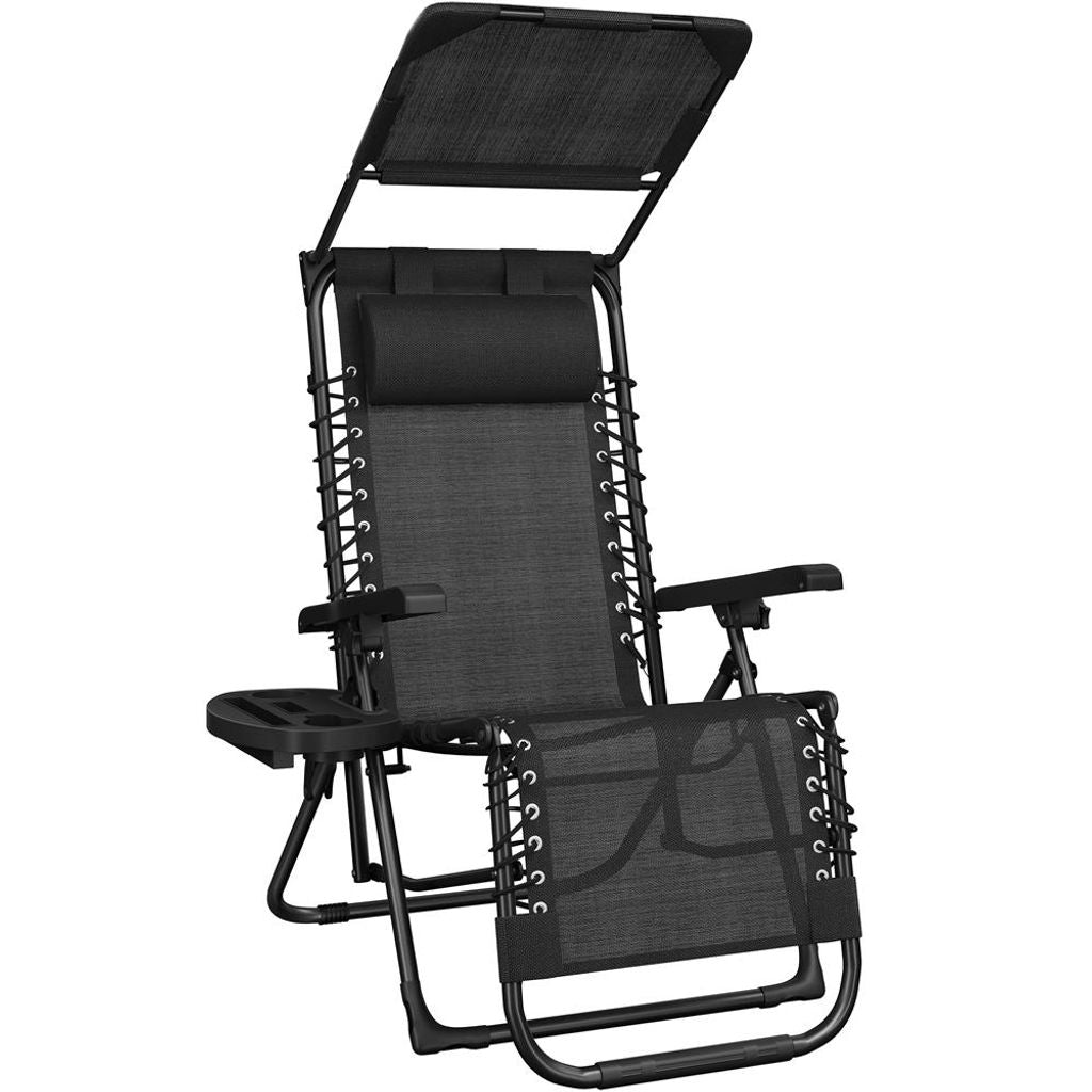 Chaise longue Yaheetech Zero Gravity - Pliable, avec pare-soleil et porte-gobelet - Noir - 166 x 64 x 70 cm