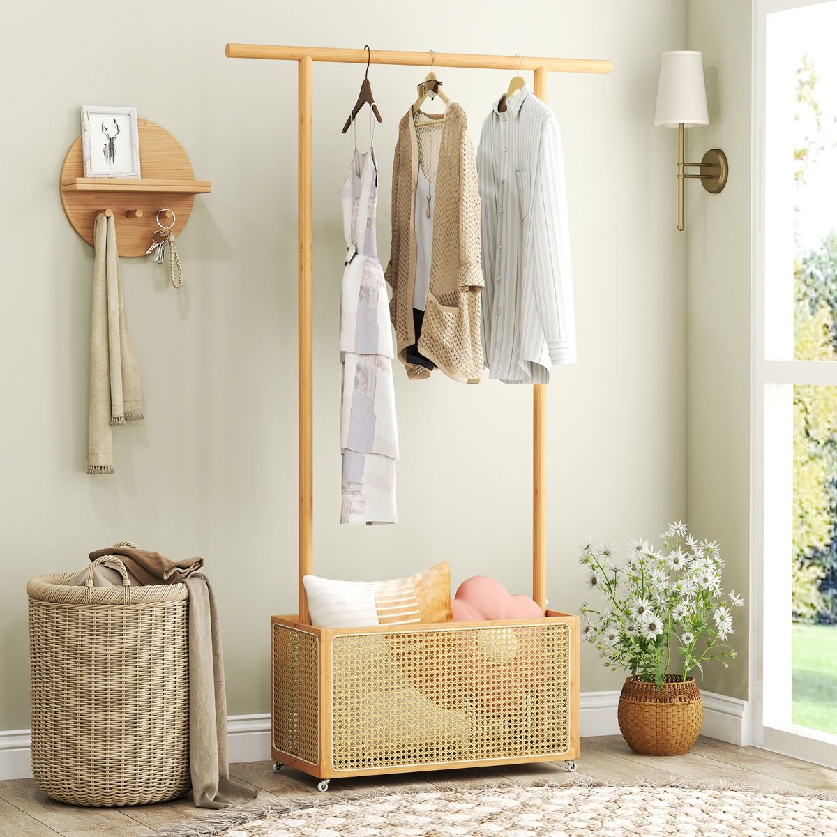 Porte-manteau Coast en bambou - avec panier de rangement et roulettes - couleur naturelle - 100 x 32,5 x 172 cm