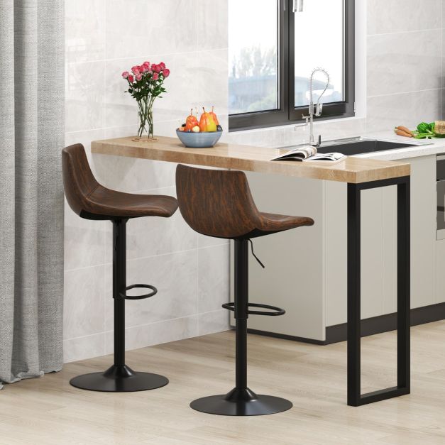 Lot de 2 tabourets de bar marron rustique, réglables 83-105 cm, pivotant à 360° avec coussins en velours et structure en métal
