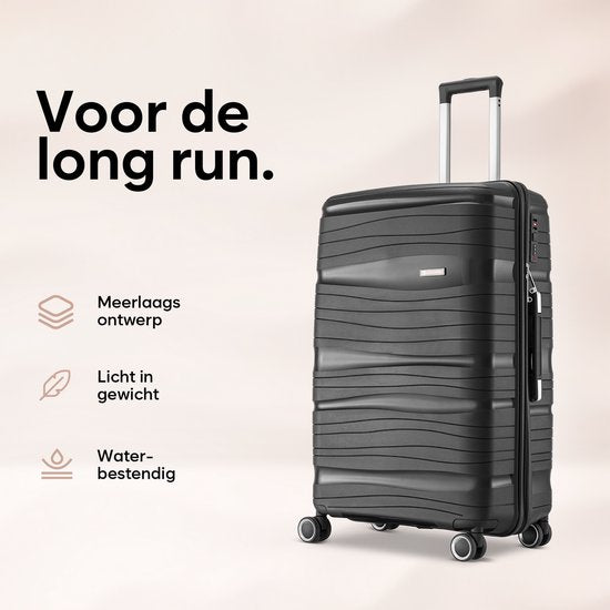 SKYCASES Travelin' Charm 4-Piece Trolley Set - Hand Luggage & Check-in Suitcases - 32L/60L/98L - Number Lock - 360° Noiseless Wheels - Lightweight & Sturdy - Modern Design - Black V2