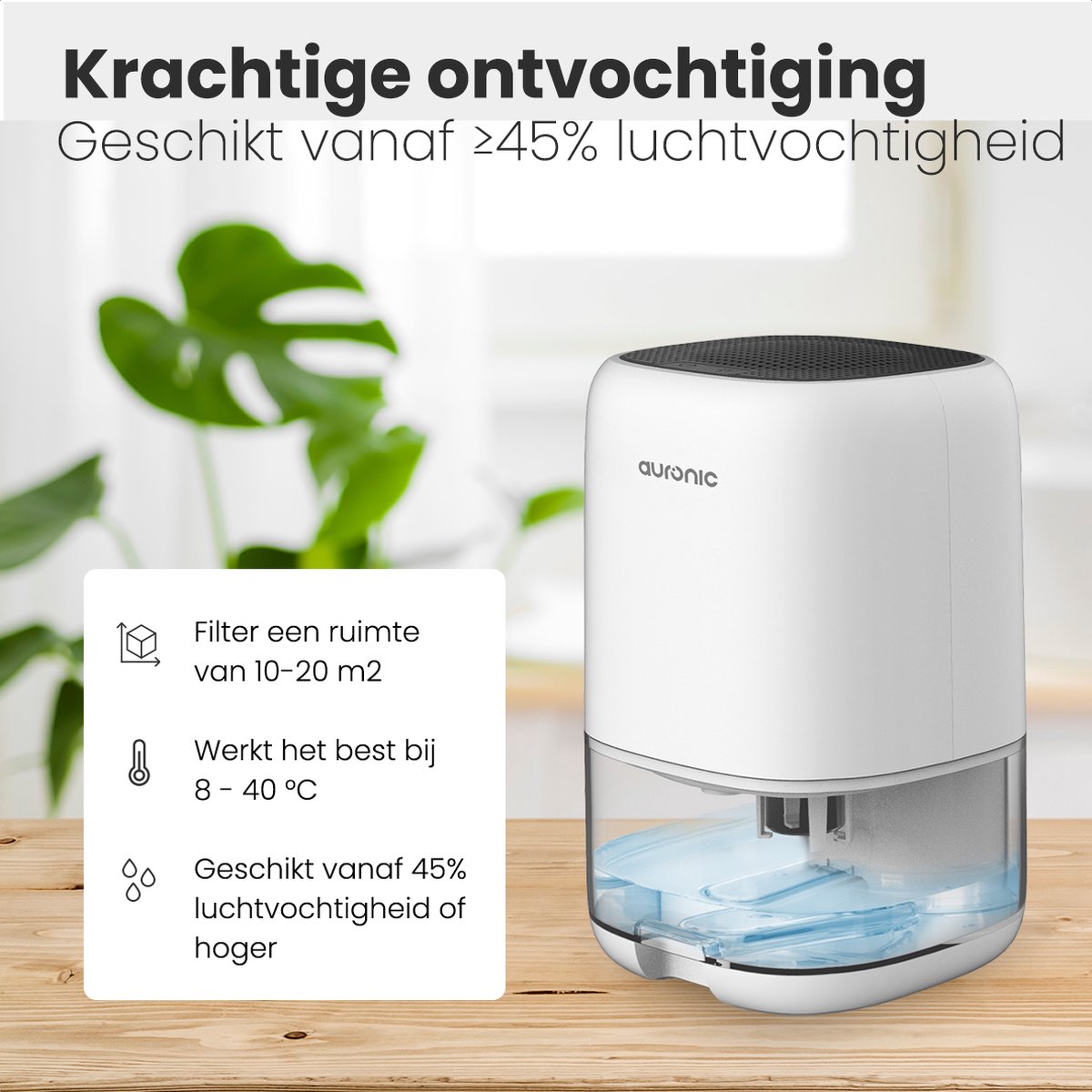 Déshumidificateur Auronic – Réservoir de 1 L, 450 ml par jour, 40 W – 25,6 x 15 x 15 cm – Blanc