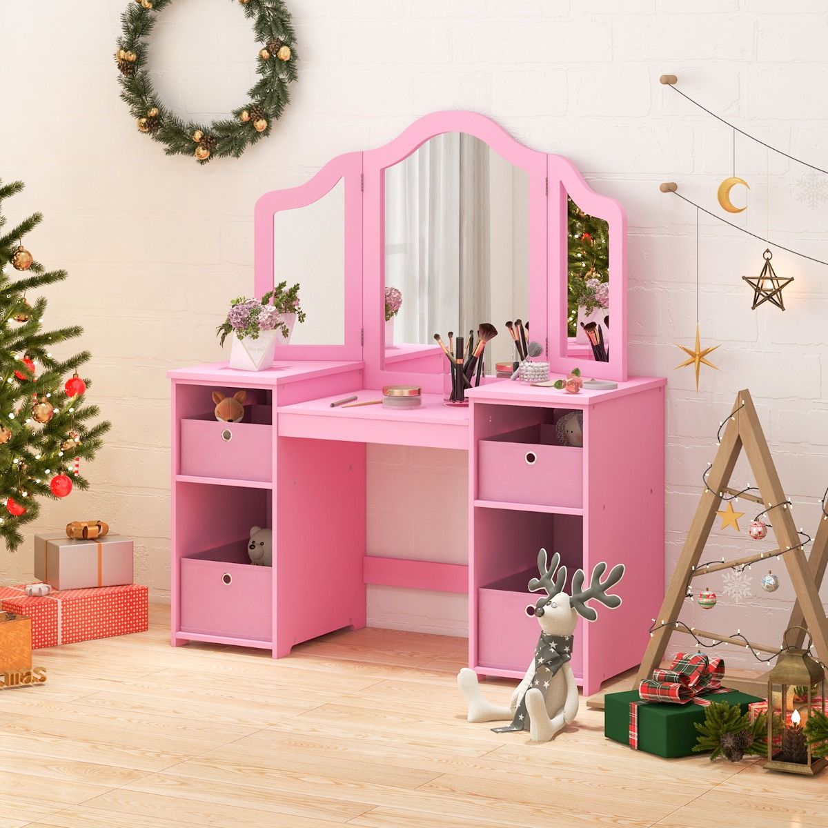 Coast : coiffeuse et bureau pour enfant - Miroir amovible à trois faces - Avec bacs de rangement - Rose
