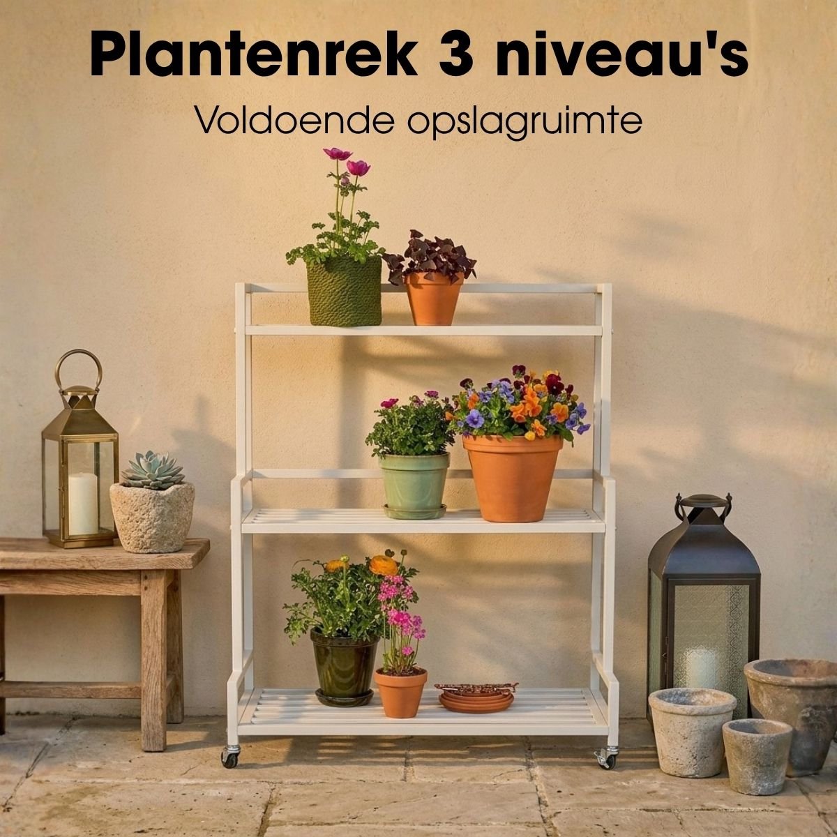 Mica Decorations Greenrax Étagère à plantes sur roulettes - Plusieurs étagères - 80 x 35 x 100 cm - Blanc cassé