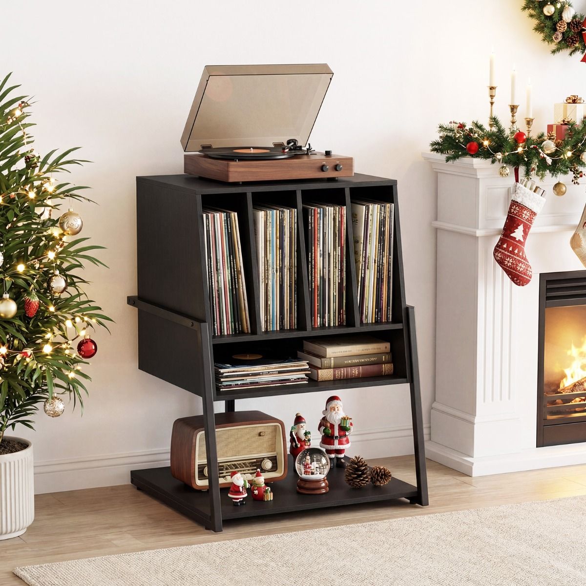 Meuble pour platine vinyle Coast - meuble pour platine vinyle avec espace de rangement - roulettes ou pieds réglables - noir/marron rustique - 54 x 57 x 76,5 cm