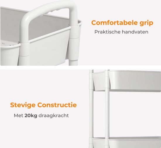 Chariot de cuisine Posity à roulettes – Chariot de service / Chariot de rangement / Étagère de cuisine / Chariot de cuisine – Mobile et fixe – 3 niveaux – Plastique – Blanc