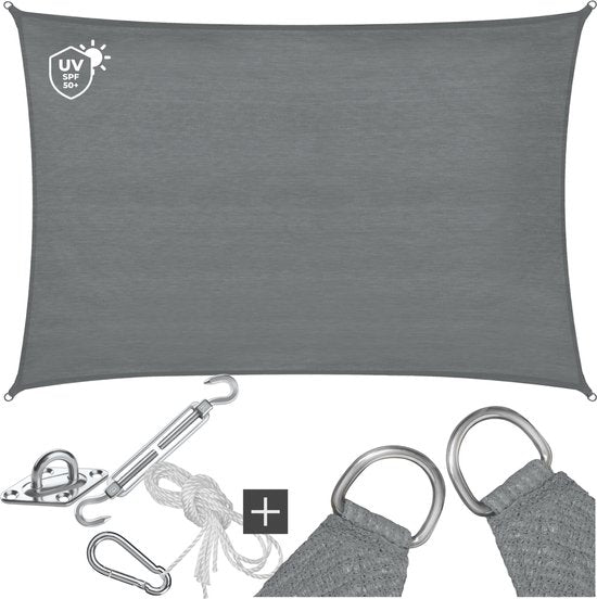 tectake® Toile d'ombrage rectangulaire Sunny - 3 x 4 m - Toile d'ombrage extra robuste en HDPE 185 g/m² - Protection UV 50+ - Résistant aux intempéries et à la déchirure - Parasol pour jardin, balcon, terrasse - Parasol avec matériel de fixation - Gris