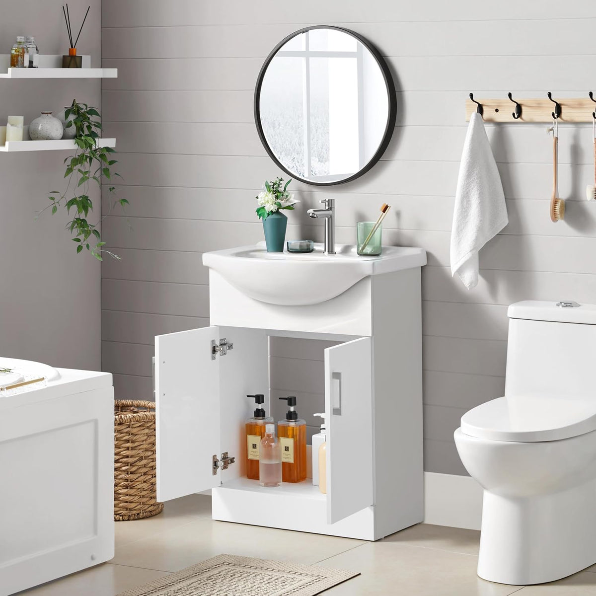 Meuble de salle de bains Yaheetech avec lavabo - Blanc brillant - 61 x 43,5 x 84 cm - Meuble indépendant, lavabo en céramique