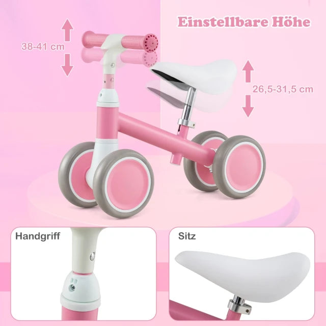 Coast Balance Bike 4 Wheels 51 × 25 × 38/41 cm - Pink - Vélo d'équilibre réglable pour enfants de 1 à 3 ans