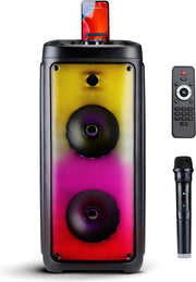 Enceinte Bluetooth avec microphone - Boîte de réception avec éclairage d'ambiance - Boîte à musique et Karaoké - Enceinte de réception avec entrées Bluetooth, Aux et USB - Facile à déplacer grâce à la poignée - Noir