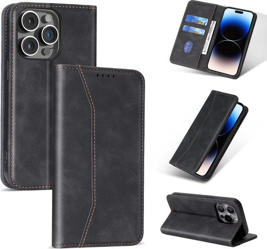 Étui Podec avec porte-cartes, compatible avec l'iPhone 12 Pro Max, étui noir pour téléphone - Étui « Bookcase » antichoc avec 1 protecteur d'écran - Étui portefeuille