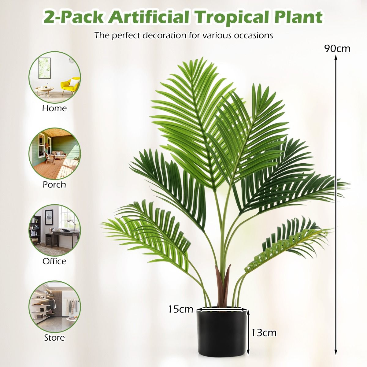 Ensemble de palmiers Areca artificiels Coast - 2 pièces - aspect réaliste - sans entretien - vert - 90 cm