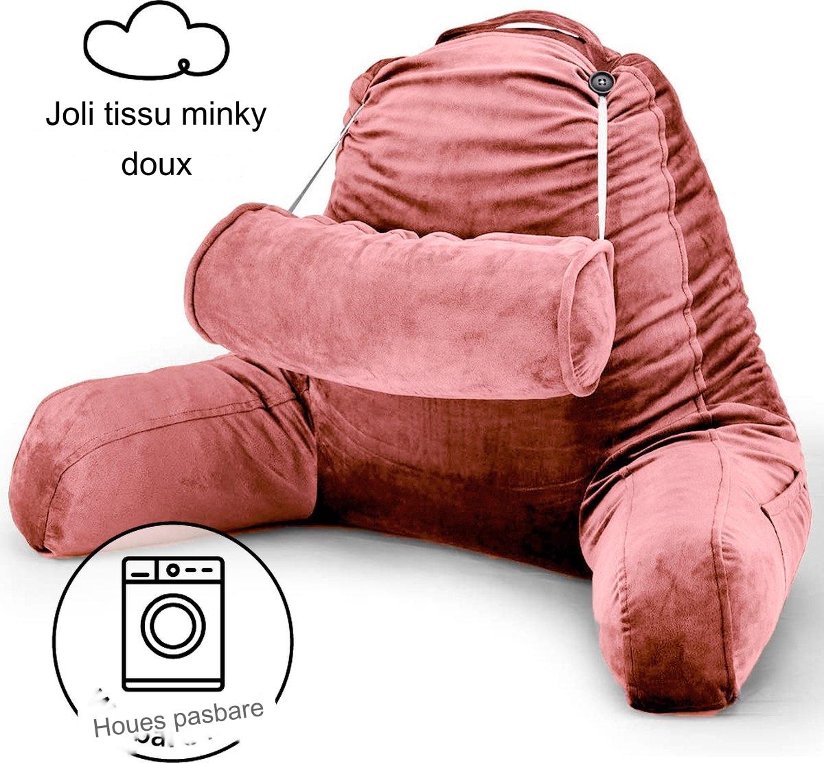Coussin de lecture avec rouleau pour la nuque - Ella® - Coussin de relaxation - Coussin de siège - Soutien du bas du dos - Coussin de lecture paresseux - Velours rose corail