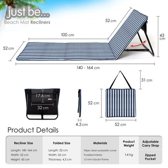 Tapis de plage pliable - chaise longue - dossier réglable - facile à transporter - léger - poche de rangement zippée (rayures bleues et blanches verticales)