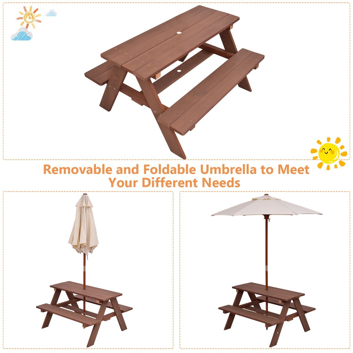Table de pique-nique pour enfants Coast - Table d'extérieur 3-en-1 avec parasol amovible - bancs en bois - couleur noyer