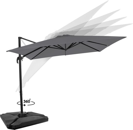 VONROC Premium Parasol flottant Pisogne 300x300cm - Avec tuiles de remplissage, base transversale et housse de protection - Parasol carré - Rotation 360° - Inclinaison - Toile résistante aux UV - Gris