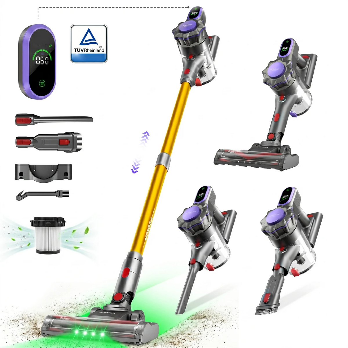 Aspirateur balai sans fil Monsga ME03 - 550 W - 55 kPa - Autonomie de 55 min - 1,2 kg - Brosse anti-enchevêtrement - Batterie amovible - Voyant lumineux vert