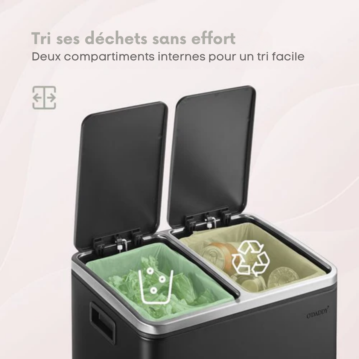 Poubelle de Tri – O'DADDY - 30 L – Double Compartiment – Poubelle à pédale – 2x 15L de capacité – Design compact – Métal – Noir