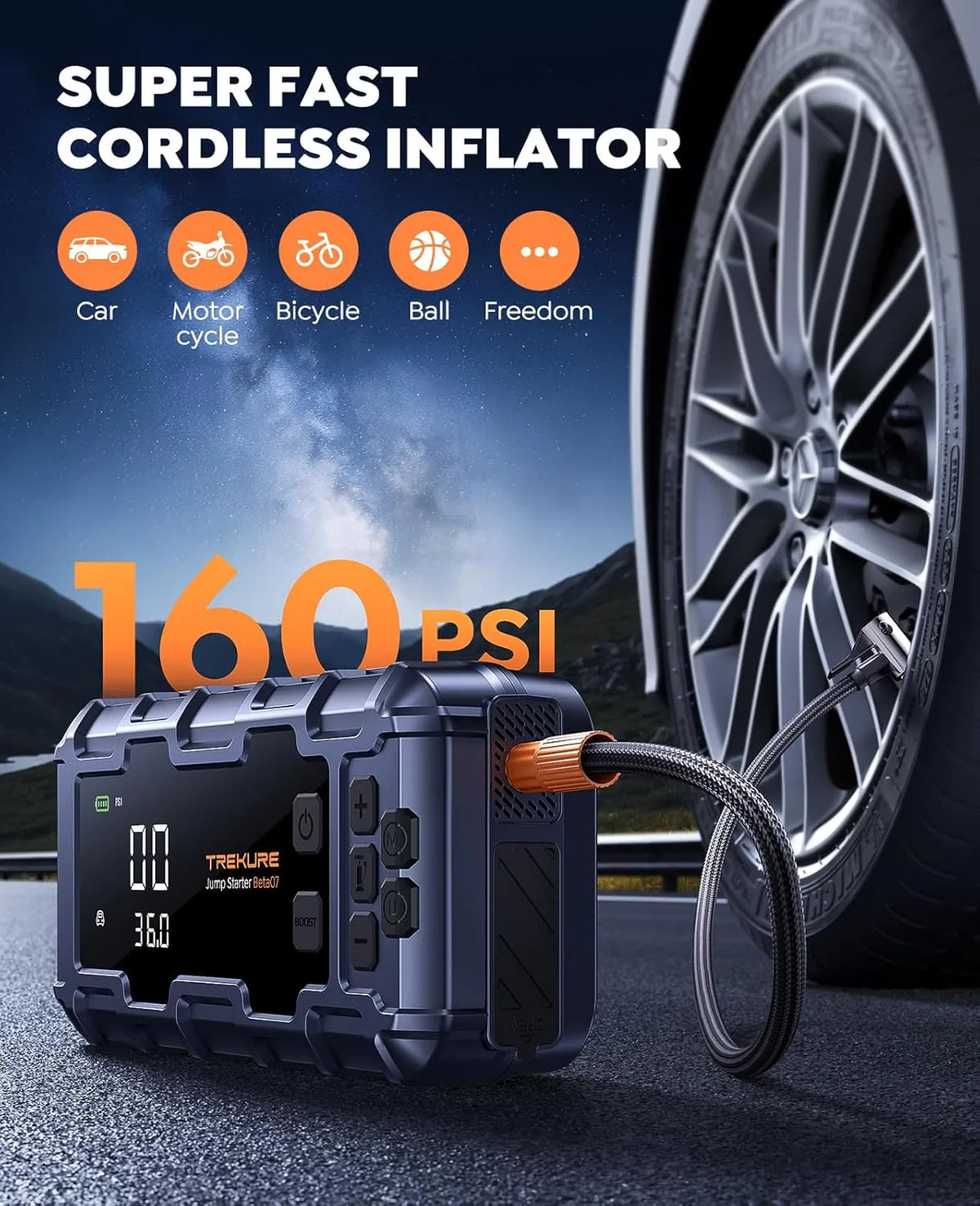 TREKURE Beta07 Démarreur 6000 A - 12 V - avec compresseur d'air 160 PSI, 45 W PD