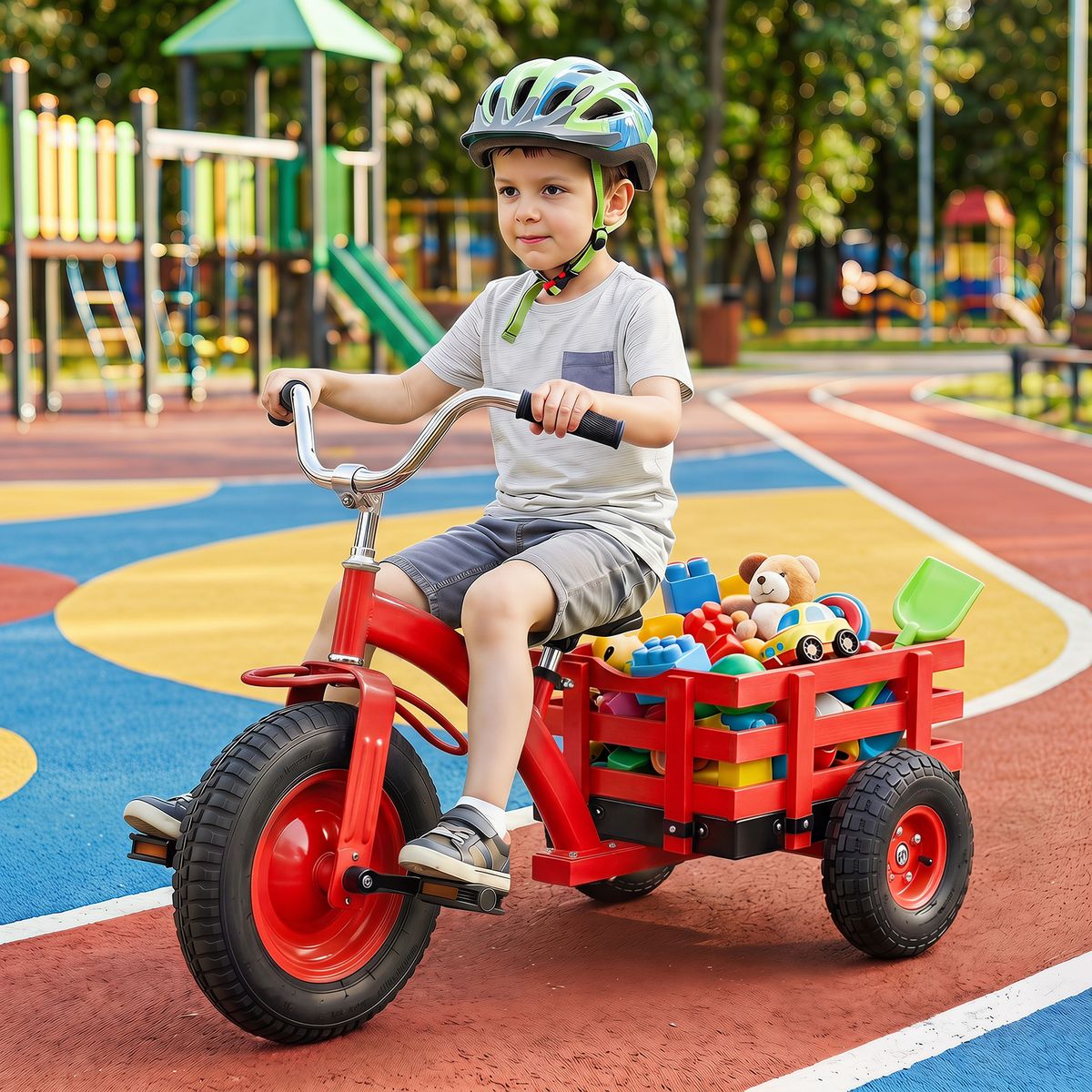 Tricycle pour enfants Coast avec guidon et selle réglables - avec remorque - rouge