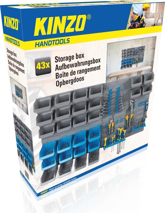 Panneau à outils Kinzo - 43 pièces : panneau à outils en 2 parties, 28 bacs de rangement, 10 crochets à outils et 3 porte-outils