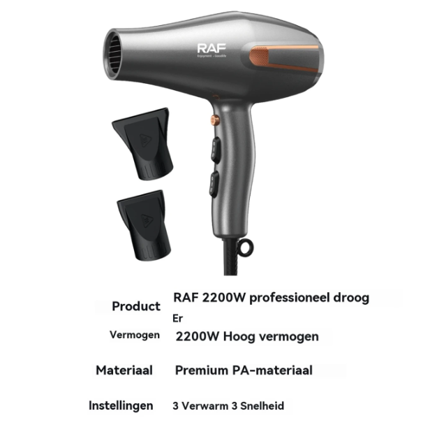 Sèche-cheveux professionnel RAF R.4505 - Noir - 2 200 W - Silencieux, air froid, 2 embouts