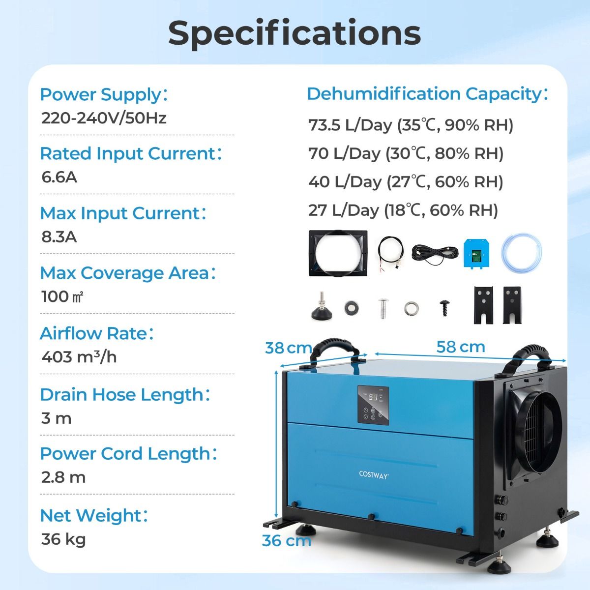 Déshumidificateur professionnel Coast - 73,5 L par jour - 3 réglages - Bleu/Blanc