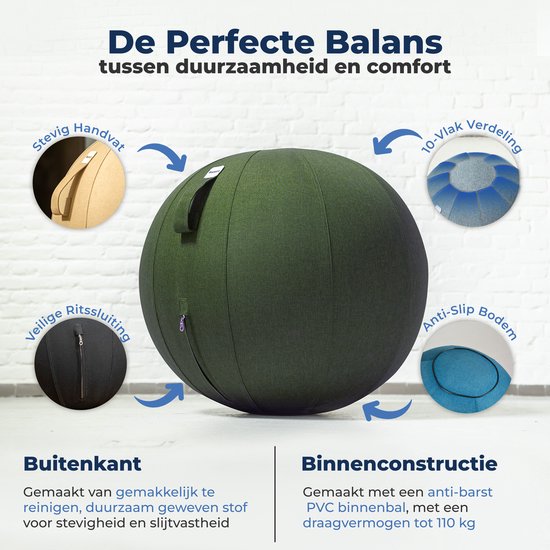 Ballon de siège Backerz 75 cm - Ballons de siège avec housse en lin - Chaise de bureau ergonomique pour le bureau et la maison - Ballon de yoga de luxe - Vert olive