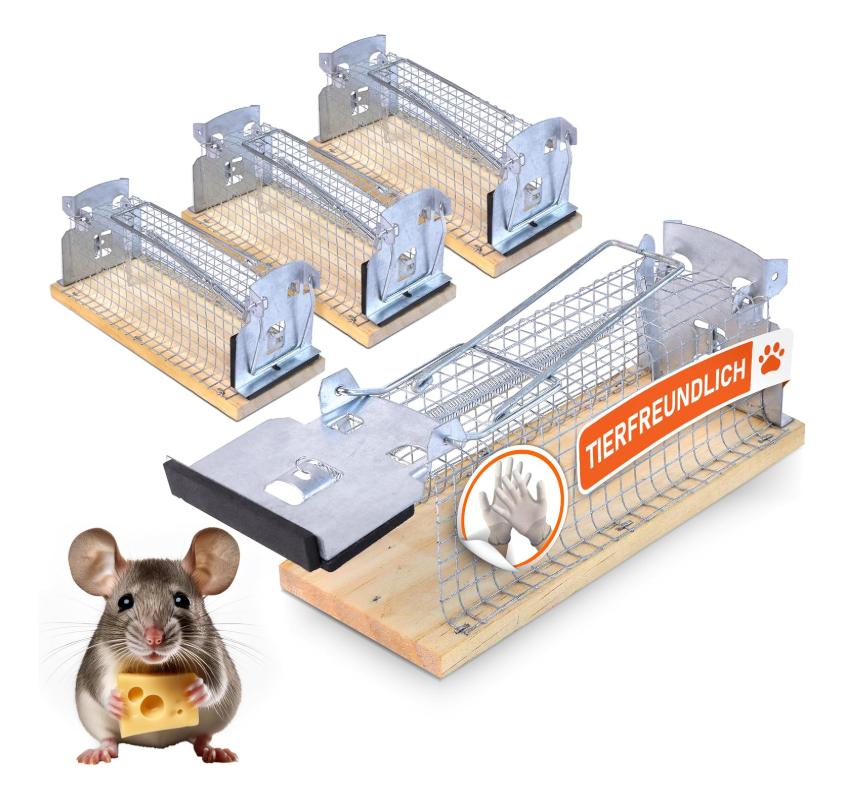 Lot de 4 pièges à souris vivantes Rapizz - Bois - 15,4 x 6,3 x 7,4 cm - Gant d'hygiène inclus